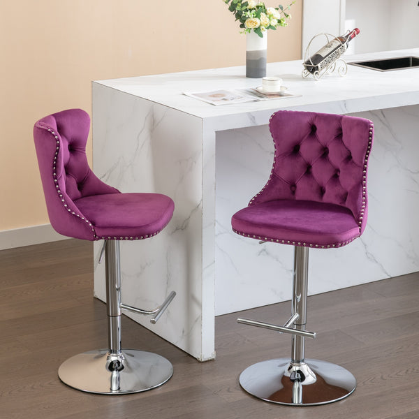 English Elm Swivel Velvet Barstools Adjustable 25–33" Height, Tufted Back, Chrome 17.7" Base, Purple Set of 2 W1143137914