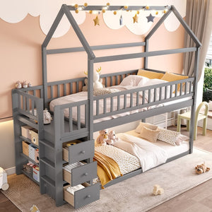 English Elm Twin/twin House Bunk Bed Solid Pine Playhouse Frame with Storage Drawers Shelves Grey W697S00033
