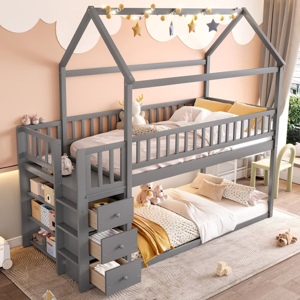 English Elm Twin/twin House Bunk Bed Solid Pine Playhouse Frame with Storage Drawers Shelves Grey W697S00033