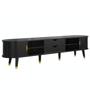 English Elm [Assembly Wooden Oval Fluted TV Stand with Charging Station, 74.8" Mid-Century Media Console w/ Sliding Door and Gold Accents Black N721P297567B