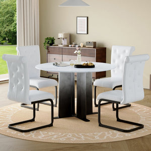 English Elm Modern Faux Marble Round Dining Set Tufted Pvc Chairs Metal Base Seats Four W3875S00068