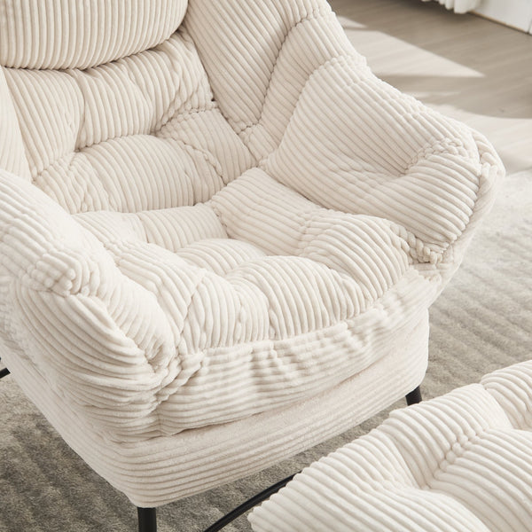 English Elm Lazy Chair Plush Ottoman Lounge Chair with Ergonomic Back, Side Pocket, Steel Frame Comfort White W640P271553