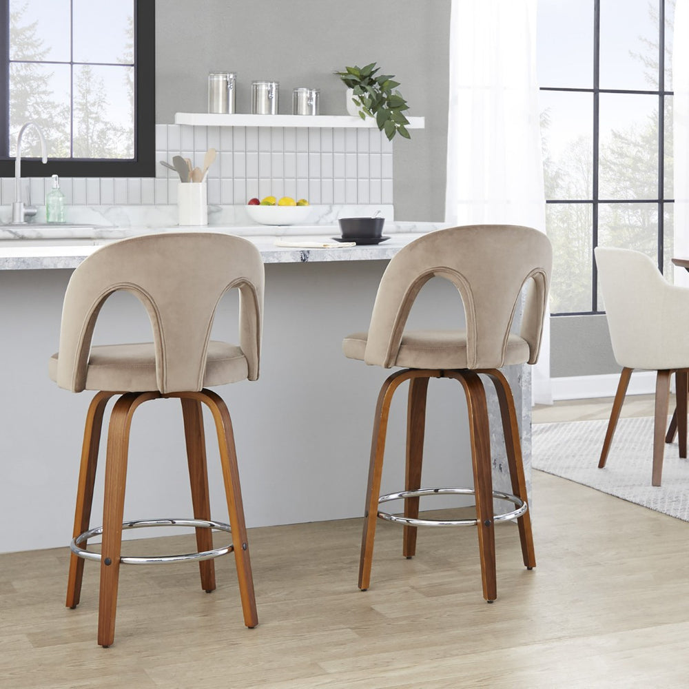 English Elm Fixed-height Swivel Counterstools Taupe Velvet Bentwood Walnut Legs Chrome Footrest Set B202S01796