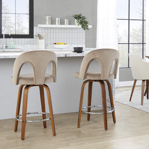 English Elm Fixed-height Swivel Counterstools Taupe Velvet Bentwood Walnut Legs Chrome Footrest Set B202S01796