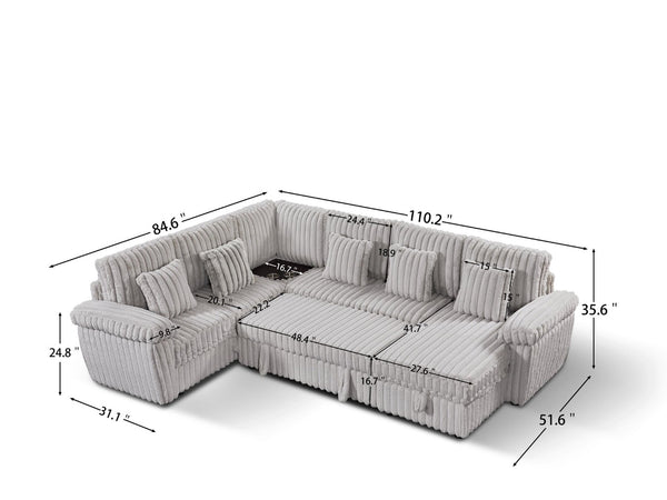 English Elm 110-inch U-shaped Corduroy Sectional with Sleeper Storage and Built-in Charging Table W2564S00053