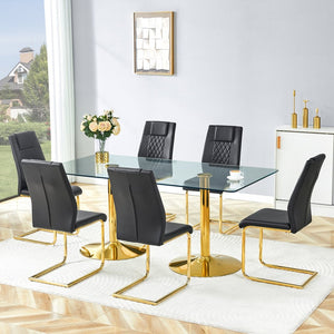 English Elm Scalable Extendable Dining Set with Wood Grain Table and Gray Linen Chairs 8 Piece Black,Gold,Transparent W1151S04560