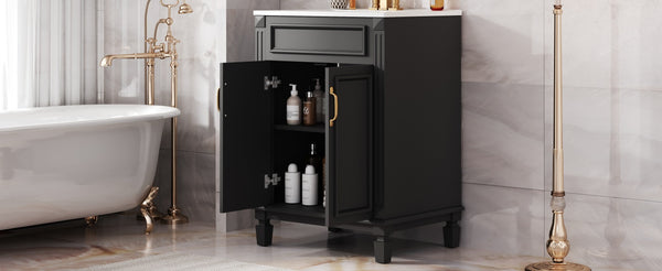 English Elm 24'' Bathroom Vanity with Sink - Solid Wood Frame, Glossy Ceramic Basin, Soft-Close Doors & Ample Storage Elegant Modern Design, Durable MDF Construction, Retro Metal Handles, Compact 24-inch Cabinet Black N710P317675B