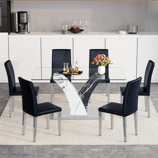 English Elm Table 7-Piece Modern Dining Set With Glass Top, Artistic Mdf Legs, And 6 Comfortable Pu Chairs W1151S03803-GIGA