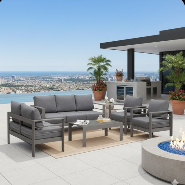English Elm 5-piece Rust-proof Aluminum Outdoor Sectional Set with Wpc Table for Patio Hosting B082S00088