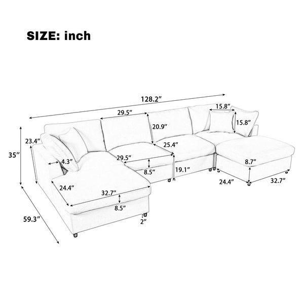 English Elm U_style Six Seat Chenille U Shaped Sectional Modular Sofa with Movable Ottomans Beige WY000474AAA