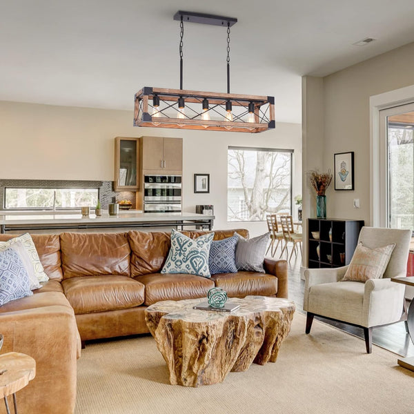 English Elm Farmhouse Linear Chandelier – 5-Light Rustic Dining Room Light Fixture With Solid Wood & Metal Accents W2738P185425