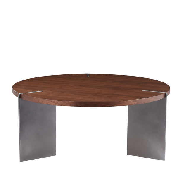 English Elm Round Round Coffee Table with Distressed Walnut Laminate Top and Sturdy Metal Frame, Eco-Friendly Finish Dark Brown W820S00065