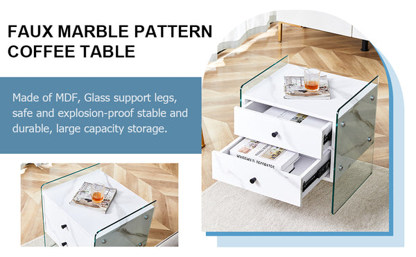 English Elm Double-drawer modern bedside table with MDF surface, tempered glass sides, elegant storage design W1151P191734