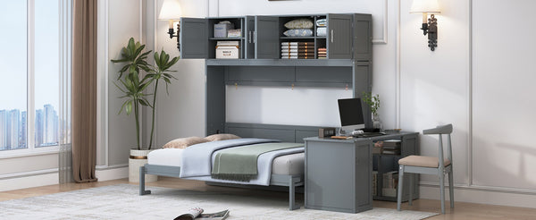 English Elm Queen Size Wall Murphy Bed With Desk, Storage Cabinets & Hydraulic Lift – Elegant Gray Design N820S10034E-GIGA