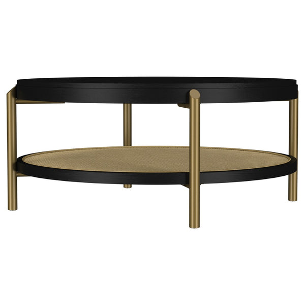 English Elm Benson Round Coffee and End Table Set with Brass Legs Rattan Shelf Accent Black B062S01403