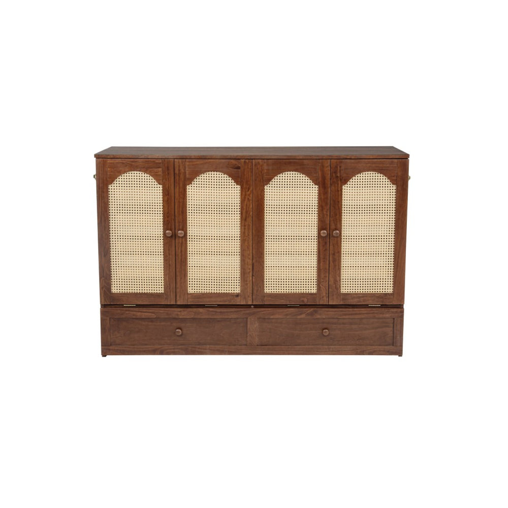 English Elm Queen Size Murphy Bed - Stylish Pine Wood Cabinet With Power Station & Rattan Panel For Space-Saving W504S00234-GIGA