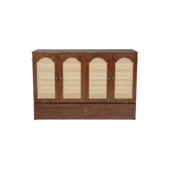 English Elm Queen Size Murphy Bed - Stylish Pine Wood Cabinet With Power Station & Rattan Panel For Space-Saving W504S00234-GIGA