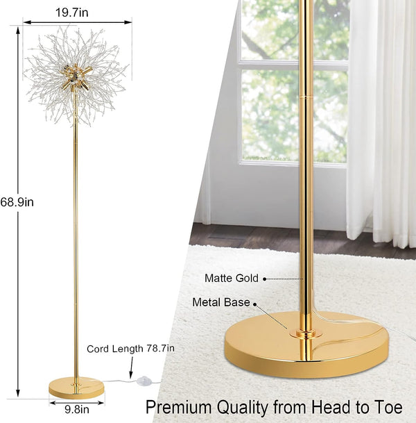 English Elm 69 inch Crystal Floor Lamp Gold Finish — 69" Modern K9 Crystal LED Standing Lamp with Foot Switch, Tall Decor W2738P185398