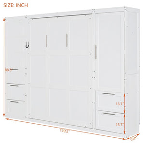 English Elm Queen Murphy Wall Bed with Wardrobe Drawers and Shelves for Studio or Guest Room White LP000865AAK-1
