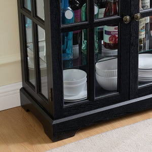 English Elm Curio Black Glass Cabinet with Cherry Finish, Adjustable Shelves, Vintage Lattice Doors & E26 Bulb Included W2275P300144