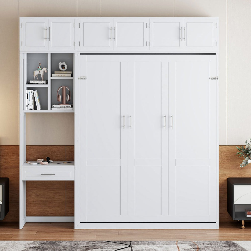 English Elm Queen Murphy Bed with Integrated Desk Cabinet Shelves Space Saving Studio Solution White N708S00021K-1