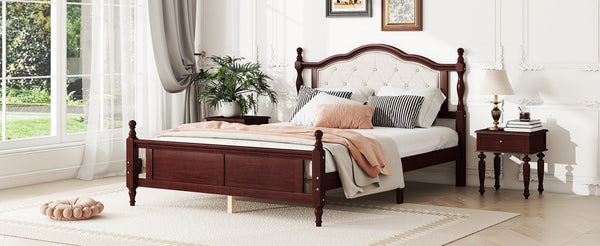 English Elm Queen Pine Wood Bed Upholstered Headboard Panel Footboard Classic Cherry Finish W504P181801