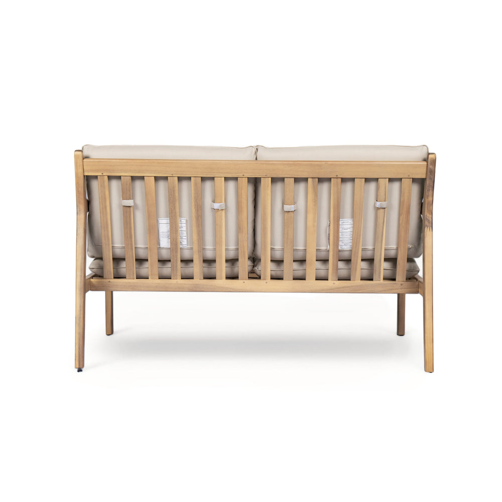 English Elm Christopher Knight Home® - Outdoor Acacia Wood Loveseat with Coffee Table — Light Teak Frame, Beige Water-Resistant Cushions, Slat Design and Durable Hardwood Finish N772P247683L