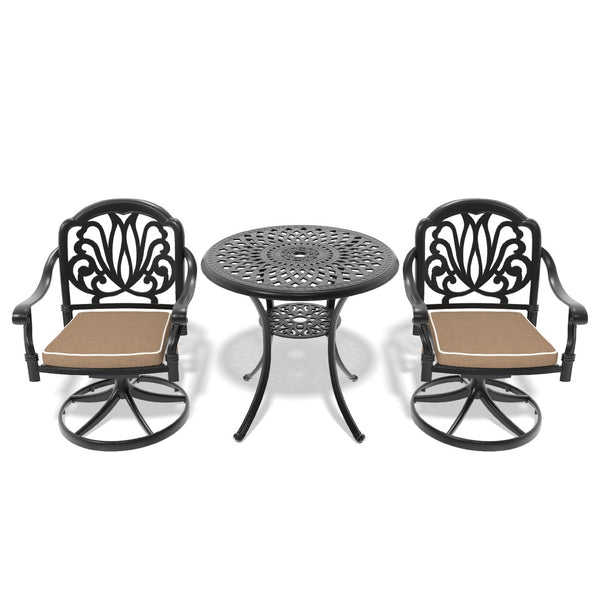 English Elm 3-Piece All-Weather Cast Aluminum Dining Set With Swivel Chairs & Round Table For Cozy Outdoor Spaces P1 W1710S00258-GIGA