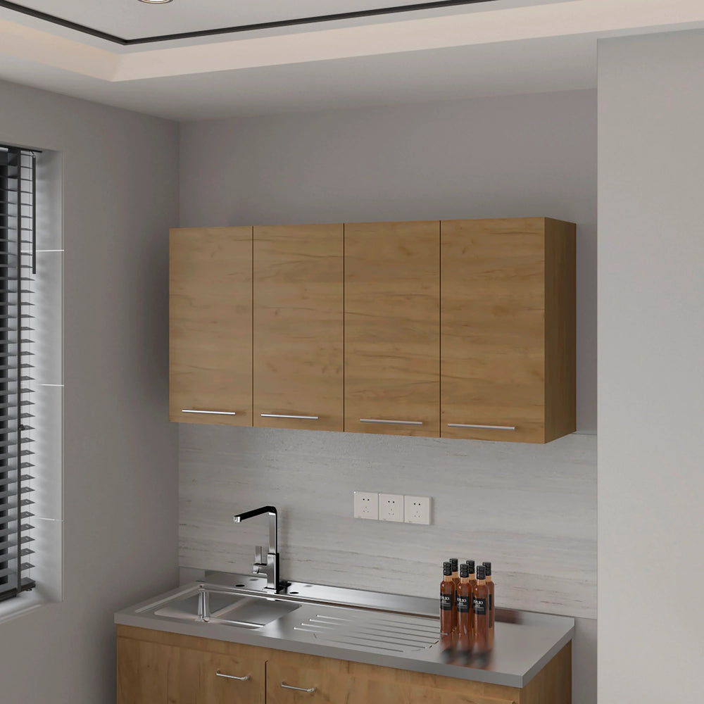 English Elm Natural Oak Rectangular Wall Cabinet with 4 Doors & 2 Open Shelves, Melamine Finish, 47" Wide B062P291617