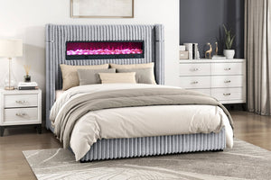 English Elm Luxury Queen Wingback Bed Gray Corduroy Upholstered with Fireplace and Speaker B011P484441