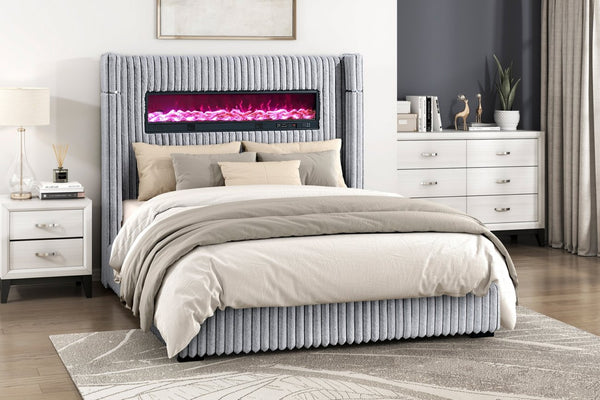 English Elm Luxury Queen Wingback Bed Gray Corduroy Upholstered with Fireplace and Speaker B011P484441