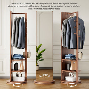 English Elm 360° Swivel Full Length Mirror with Coat Hooks Solid Rubberwood Frame Bedroom Entryway W2987P225479