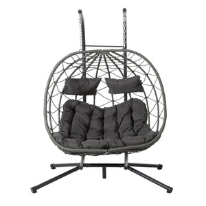 English Elm 2 Person Wicker Hanging Egg Chair with Freestanding Stand Outdoor Patio Swing Seat Gray W1703P444363