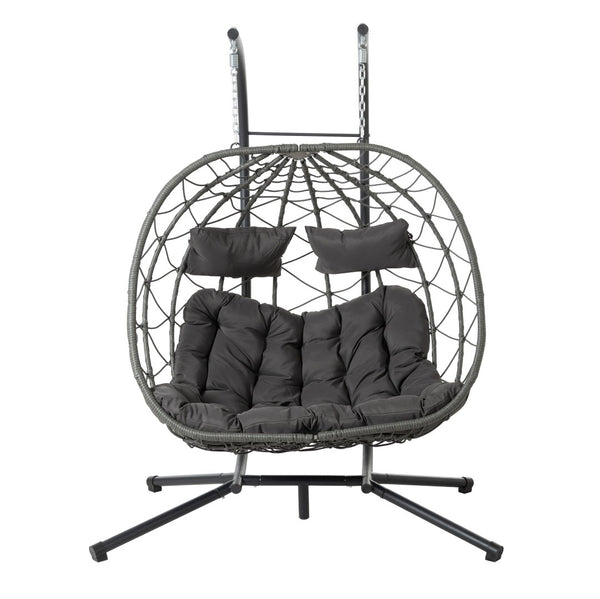 English Elm 2 Person Wicker Hanging Egg Chair with Freestanding Stand Outdoor Patio Swing Seat Gray W1703P444363