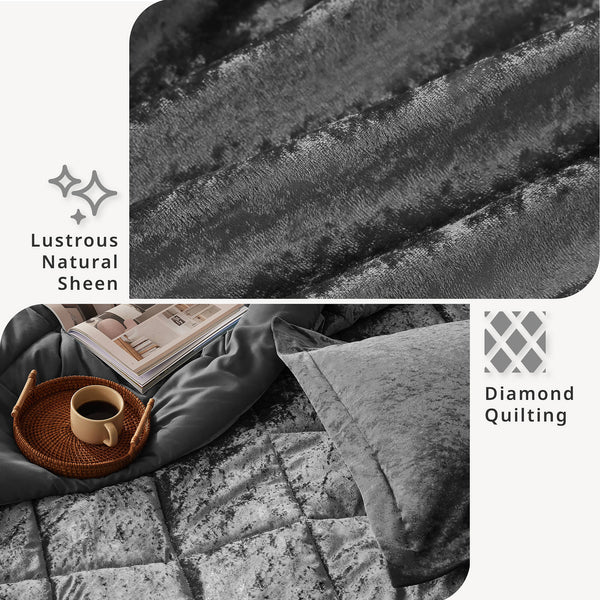 JLA Home Intelligent Design - Velvet Crushed Quilted Duvet Cover Set with Throw Pillow — Luxurious Soft Sheen, Hotel-Style Comfort Grey ID12-1793