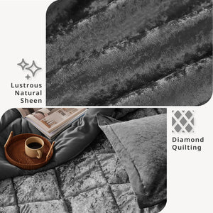 JLA Home Intelligent Design - Velvet Felicia Crushed Duvet Cover Set with Quilted Diamond Texture, Throw Pillow & Button Closure Grey ID12-1794