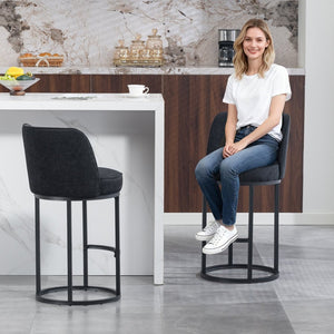 English Elm Counter Height Barstools Set of 2 Linen Upholstered Barrel Seat with Iron Legs Black W395P410438