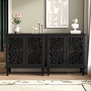 English Elm Vintage Hollow-Carved Accent Cabinet with Floral Motif, 2-Door Sideboard, Adjustable Shelf, Solid Wood Legs Black W1445P384721