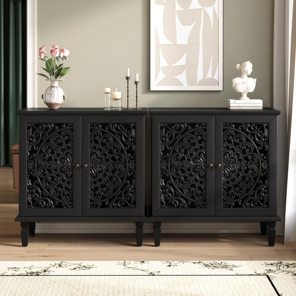 English Elm Vintage Hollow-Carved Accent Cabinet with Floral Motif, 2-Door Sideboard, Adjustable Shelf, Solid Wood Legs Black W1445P384721