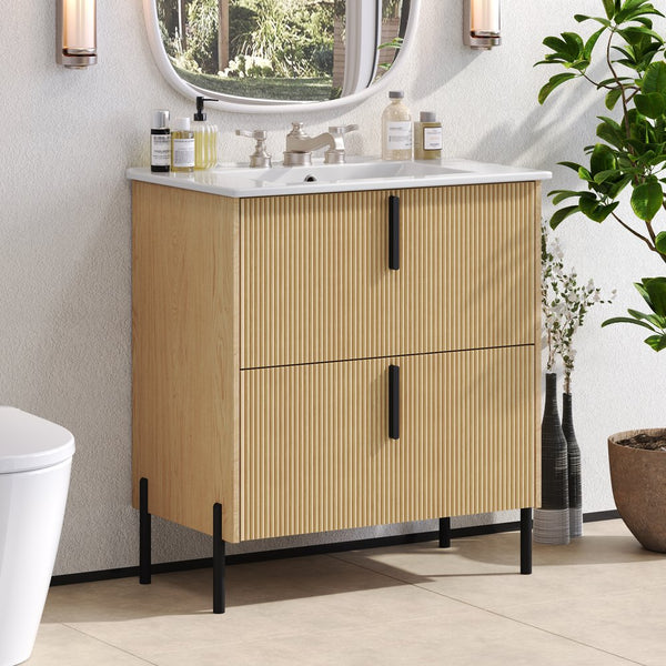 English Elm Christopher Knight Home® - 30" Bathroom Vanity With Ceramic Sink, Soft-Close Drawers & Elegant Fluted Design For Small Spaces N817P295761N