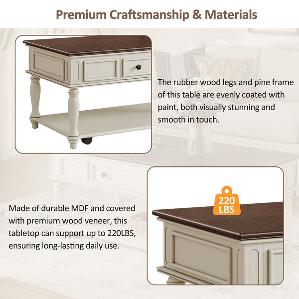 English Elm Farmhouse Retro Coffee Table with Lockable Wheels, One Drawer & Lower Shelf, Solid Wood Legs, Durable Finish White+Walnut N721P307935D