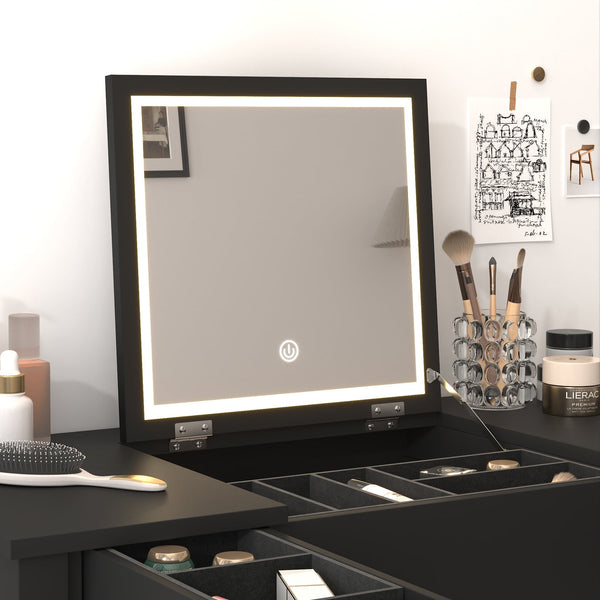 English Elm Multifunctional Vanity Desk with Flip-Top Mirror, 3-Level LED Lighting, Ample Storage for Small Spaces Black W760P152315