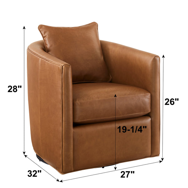 English Elm Jasmine Wax-Oiled Top Grain Leather Swivel Accent Chair — Barrel Design, Removable Cushions, Brown Finish B050P390587