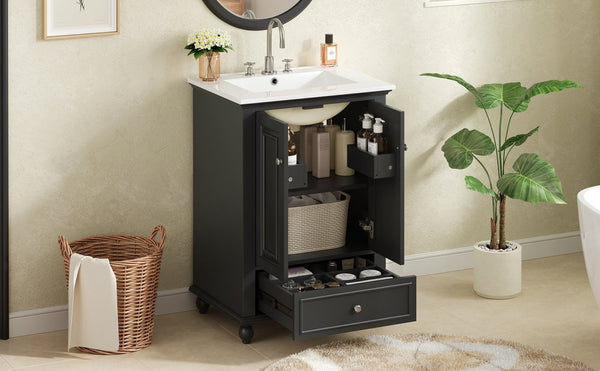 English Elm 24'' French Style Bathroom Vanity with Ceramic Sink Soft Close Cabinet and Drawer Black N710P411227B