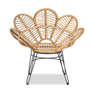 English Elm Modern Bohemian Rattan Accent Chair with Leaf Backrest and Black Metal Legs B2750P470056