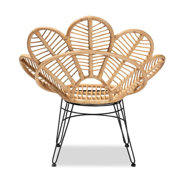 English Elm Modern Bohemian Rattan Accent Chair with Leaf Backrest and Black Metal Legs B2750P470056