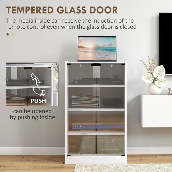 English Elm HOMCOM 4-Tier Media Cabinet with Tempered Glass Doors, Adjustable Shelves, Cable Management, Sleek AV Storage White W2225P200450