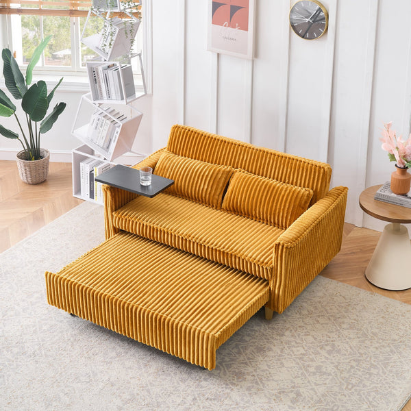 English Elm The pull-out and push-in corduroy sofa with convertible bed, movable tabletop and built-in USB ports Yellow W3371P316059