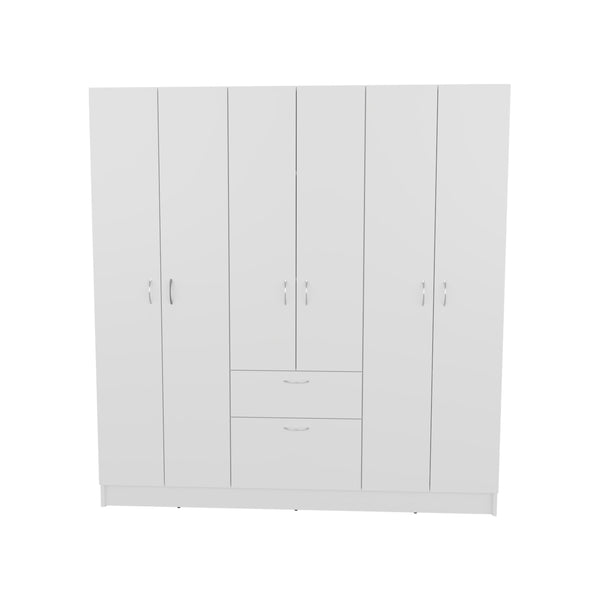 English Elm Mitu Six Doors Armoire White - 71.2" High MDF Wardrobe with 7 Shelves, Hanging Rods & Spacious Drawer B200S00426