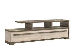 English Elm 1pc Mid-Century TV Stand 71.1" Wide Light Finish with Sliding Doors, Tapered Legs & Gold Handles Wood 74 L x 19 W x 22 H B2741P406265
